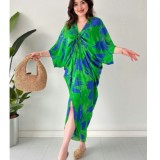 Fashion Printed Bat Sleeves V-Neck Drawstring Irregular Loose Dress