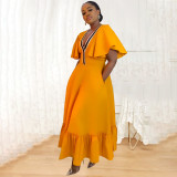 Plus Size Women V-Neck Ruffle Sleeve Pleated Casual Dress