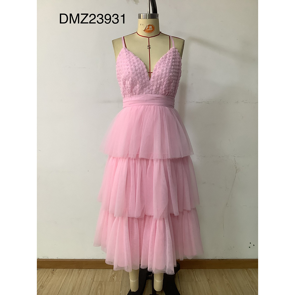Women Summer Patchwork Mesh Puffy Cascading Ruffles Dress