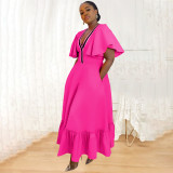 Plus Size Women V-Neck Ruffle Sleeve Pleated Casual Dress