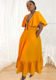 Plus Size Women V-Neck Ruffle Sleeve Pleated Casual Dress