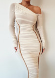 Spring Women Long Sleeve Mesh Patchwork Slash Shoulder Pleated Dress