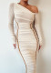 Spring Women Long Sleeve Mesh Patchwork Slash Shoulder Pleated Dress