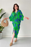 Fashion Printed Bat Sleeves V-Neck Drawstring Irregular Loose Dress
