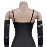 Women Beaded Sexy Gloves Maxi Dress