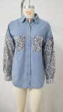 Women Loose Leopard Patchwork Denim Long Sleeve Shirt