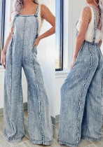 Women Spring Vintage Washed Raw Edge Wide Legs Loose Overalls