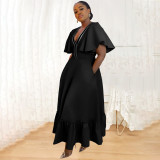 Plus Size Women V-Neck Ruffle Sleeve Pleated Casual Dress