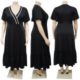 Plus Size Women V-Neck Ruffle Sleeve Pleated Casual Dress