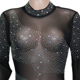 Women Sexy Mesh See-Through Beaded Long Sleeve Jumpsuit