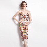 Women Beach Holidays Crochet Hollow Halter Neck Backless Top and Tassel Bodycon Skirt Two-piece Set