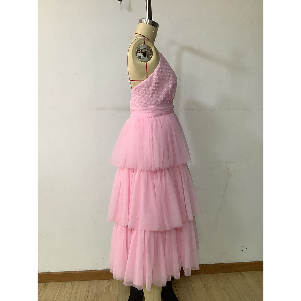 Women Summer Patchwork Mesh Puffy Cascading Ruffles Dress