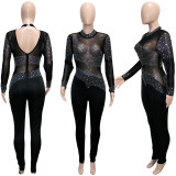 Women Sexy Mesh See-Through Beaded Long Sleeve Jumpsuit