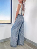 Women Spring Vintage Washed Raw Edge Wide Legs Loose Overalls