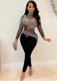 Women Sexy Mesh See-Through Beaded Long Sleeve Jumpsuit