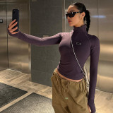 Women Half Turtle Collar Zip Long Sleeve Basic T-Shirt