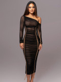 Spring Women Long Sleeve Mesh Patchwork Slash Shoulder Pleated Dress