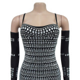 Women Beaded Sexy Gloves Maxi Dress