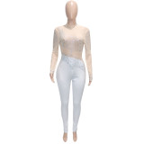 Women Sexy Mesh See-Through Beaded Long Sleeve Jumpsuit