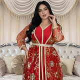 Women Arabian muslim dress Spring sequined web robe two-piece set
