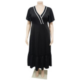 Plus Size Women V-Neck Ruffle Sleeve Pleated Casual Dress