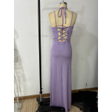Summer Women V-Neck Slit Backless Elegant Dress