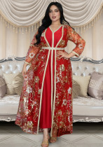 Women Arabian muslim dress Spring sequined web robe two-piece set