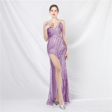 Elegant Beading Stripe Sequin Evening Gown