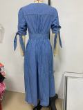 Women Sexy V-Neck Button Denim Dress