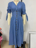Women Sexy V-Neck Button Denim Dress