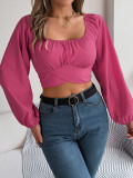 Spring/Summer Casual Lantern Sleeve Tie Slim Waist Chiffon Crop Top Women's Clothing