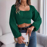 Spring/Summer Casual Lantern Sleeve Tie Slim Waist Chiffon Crop Top Women's Clothing