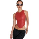 Women's Leather Simple Round Neck Sleeveless Irregular Vest Top