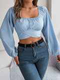 Spring/Summer Casual Lantern Sleeve Tie Slim Waist Chiffon Crop Top Women's Clothing