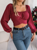 Spring/Summer Casual Lantern Sleeve Tie Slim Waist Chiffon Crop Top Women's Clothing