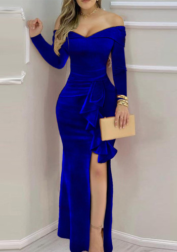 Women's Summer Off Shoulder Velvet Slit Long Dress