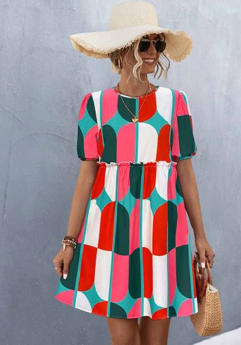 Spring Women's Round Neck Puff Sleeve Printed Dress