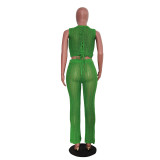 Women's Casual Hollow Knitting Sleeveless Two Piece Pants Set