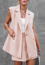 Women's Casual Loose Spring Solid Color Sleeveless Blazer And Shorts Set