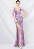 Elegant Beading Stripe Sequin Evening Gown