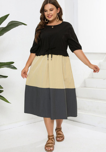 Plus Size Women Round Neck Short Sleeve Color Block Dress