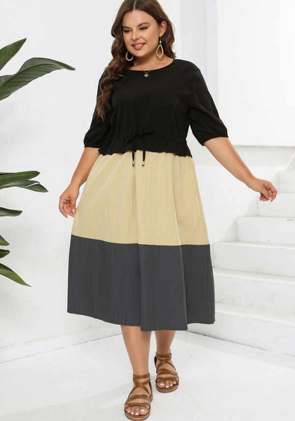 Plus Size Women Round Neck Short Sleeve Color Block Dress