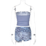 Women Spring Sexy Printed Off Shoulder Tank Top Shorts Two-piece Set