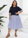 Plus Size Women knitting Round Neck Patchwork Striped Dress