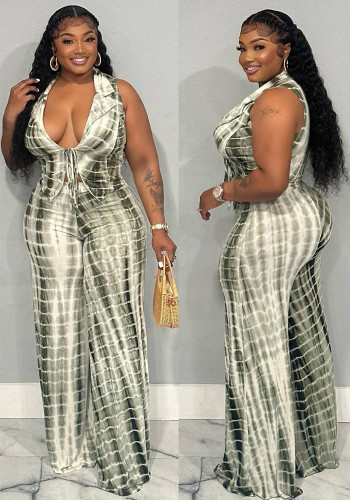 Plus Size Women Casual Tie Dye Print Top and Pant Two-piece Set