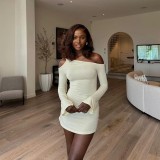 Women Spring Solid Slash Shoulder Strappy Off Shoulder Long Sleeve Dress