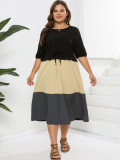 Plus Size Women Round Neck Short Sleeve Color Block Dress