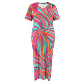 Plus Size Geometric Pattern Print Short Sleeves V-Neck Dress