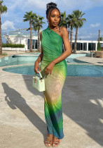 Fashionable Print Sexy Slash Shoulder Sleeveless Gradient Color Trendy Long Dress Fashionable Print Sexy Slash Shoulder Sleeveless Gradient Color Trendy Long Dress