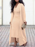 Women's Solid Color Ribbed Coat Slim V-Neck Dress Two-Piece Set
